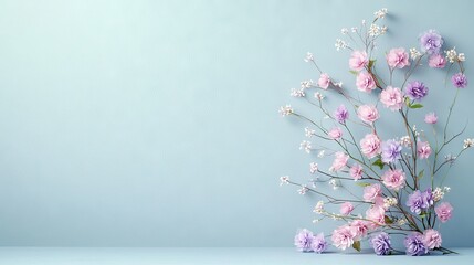 A delicate arrangement of artificial pink and purple cherry blossoms and small white flowers on thin branches, set against a soft, gradient blue background. The