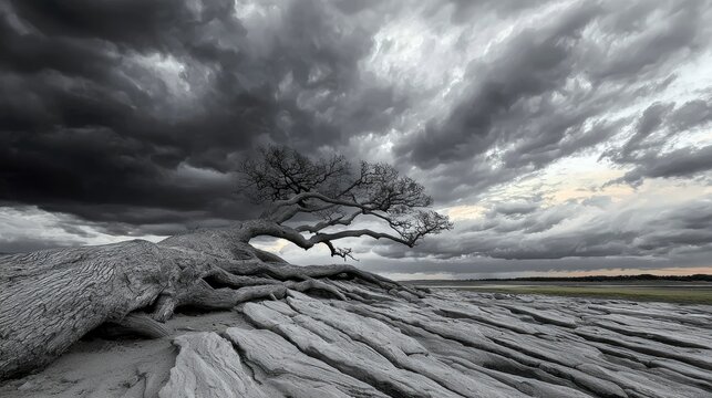 A stark, gnarled tree with exposed roots lies on a rocky, textured shore. Above, a dramatic sky filled with dark, stormy clouds creates a moody atmosphere. The