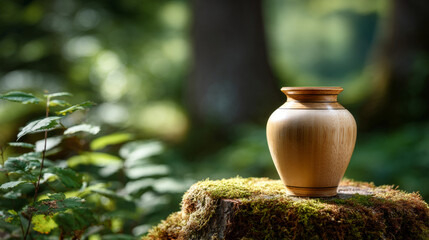 Wooden cremation urn placed on moss-covered tree stump in a serene forest setting with soft natural light and blurred green foliage background