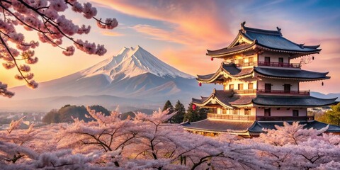 Fototapeta premium Serene Sunrise Vista Ancient Pagoda Amidst Blossoming Cherry Trees and Majestic Mountain