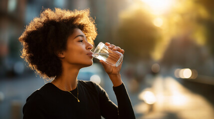 Young individual with textured hair drinks water from vessel outdoors faceless woman defocused warm light background refreshing moment natural candid portrait casual setting
