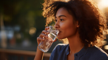 Young individual with textured hair drinks water from vessel outdoors faceless woman defocused warm light background refreshing moment natural candid portrait casual setting