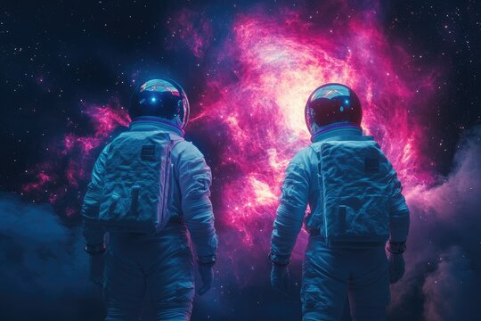 Two astronauts observe a magnificent pink and purple nebula against a starry backdrop, showcasing cosmic wonder and deep space exploration. - Powered by Adobe