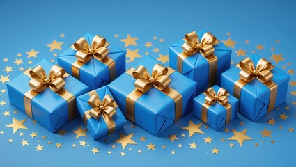 Blue gift boxes featuring gold ribbons arranged upon the blue background, surrounded by scattered golden stars, within bright studio lighting creating a festive, celebratory mood
