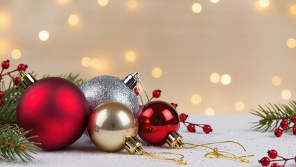 Colorful Christmas baubles upon the festive holiday table featuring evergreen branches and red berries, softly glowing bokeh lights within the warm background creating a cozy mood