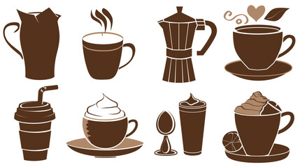 Vector illustration of coffee chocolate and hot beverages drinks set, featuring cups mugs and cocoa, warm caf&eacute; drink collection in clean flat design style for menu branding and food projects