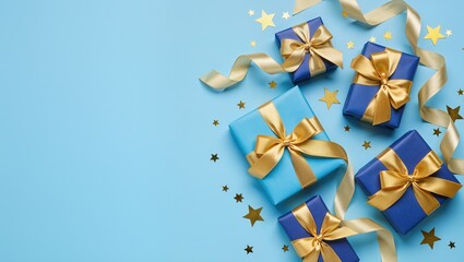 Blue gift boxes featuring gold ribbons upon pastel background, scattered metallic star confetti and curling ribbon, flat lay studio lighting creating festive, cheerful celebration mood