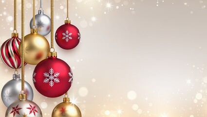 Red and gold Christmas ornaments hanging against the sparkling background, featuring glossy baubles, snowflake patterns, soft festive lighting and copy space upon the right side