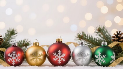 Colorful Christmas baubles within the snowy festive arrangement featuring pine branches, cones and golden ribbon, softly lit indoors with warm bokeh lights creating a cozy holiday mood