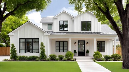 Elegant modern white farmhouse exterior featuring contrasting black window frames a welcoming porch and manicured landscaping under bright daylight