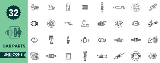 Car Parts Line Icons Set  Auto Spare Parts, Vehicle Components, Mechanical System Outline Icon Pack