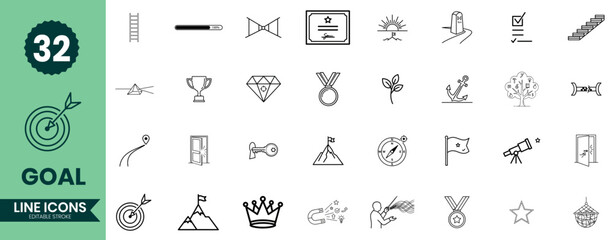 Goal Line Icons Set Achievement, Success, Motivation, Target, Award, Business Growth Outline Icon Pack