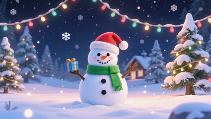 Cheerful snowman holding gift within snowy Christmas night landscape, surrounded by glowing string lights, decorated fir trees, cozy cabin, soft falling snow and festive winter mood