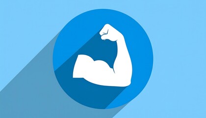 Stylized image of a muscular arm inside a blue circle with a long shadow on a solid pale blue background