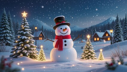 Cheerful snowman within the snowy Christmas village at dusk, surrounded by glowing decorated trees, cozy cabin lights, falling snowflakes and soft blue winter evening sky