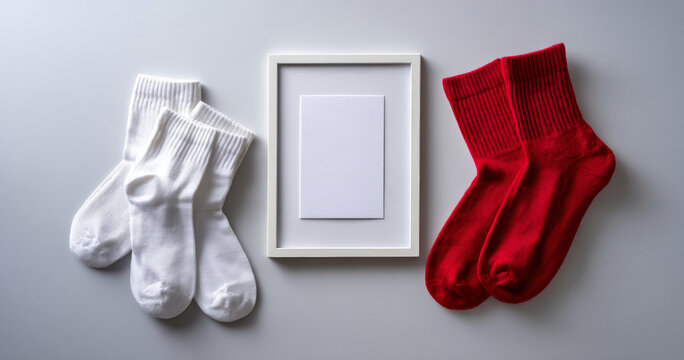 Pair of white and red socks placed on either side of a blank white picture frame on a light gray surface, minimalistic flat lay composition