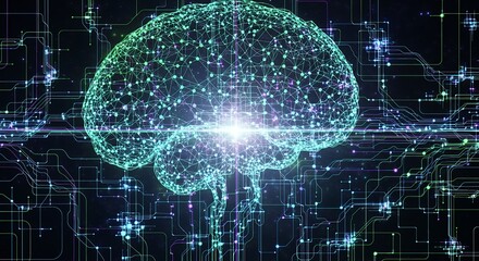 Artificial intelligence brain with circuit board connections on dark background. Concept for machine learning, neural network and deep learning