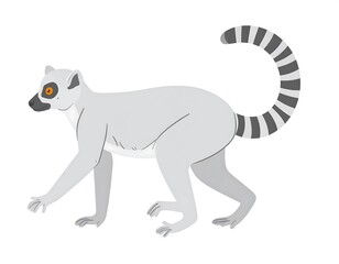 Obraz premium Stylized lemur, light gray with a striped tail, walking on white, single orange eye detail, cartoon design