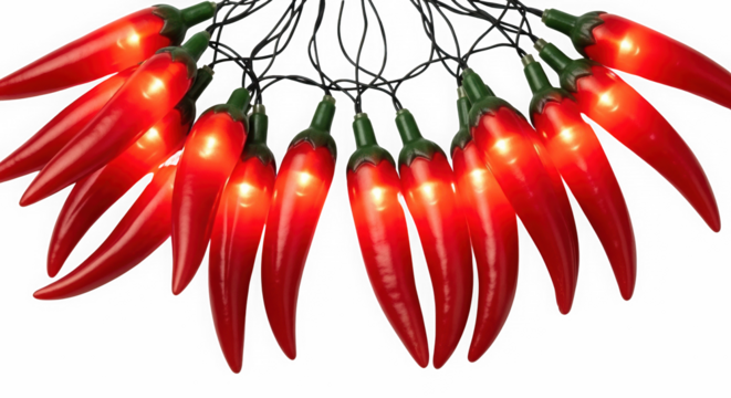 String of glowing red chili pepper lights illuminating a dark background for festive decoration