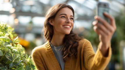 Young individual takes self portrait in greenhouse surrounded by lush vegetation faceless woman defocused daylight background joy relaxation moment botanical setting scene wit