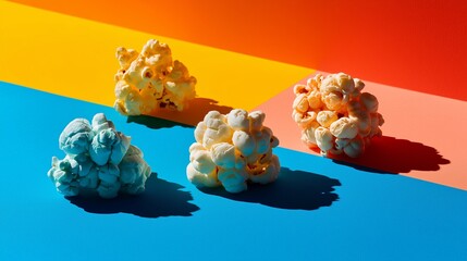 Popcorn snack clusters on bold geometric color fields strengthen commercial relevance for food branding, packaging, and visual merchandising. High-contrast product placement enhances retail marketing 