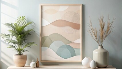 Serene Interior Decor Abstract Art Piece, Plants, and Elegant Vases on a Light Wood Console