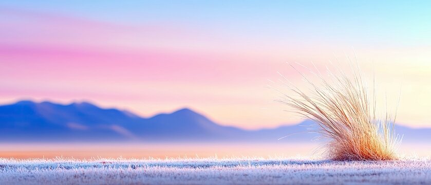 A single tuft of dry grass, covered in frost, stands in the foreground against a soft, colorful sunrise sky with distant, hazy mountains. The ground is also cov