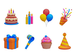 Birthday celebration icons: 3d cupcakes, balloons, candles, gifts, and party hats