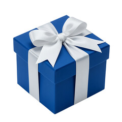 Obraz premium Elegant blue gift box with white ribbon on dark background