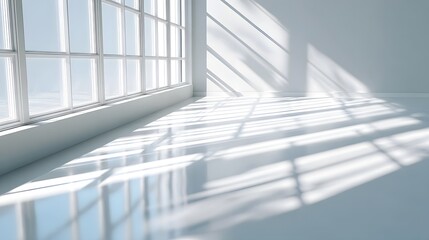 Sunlight streams through a large multi paned window creating sharp geometric shadows and bright reflections across the clean minimalist floor and walls of an empty modern interior space
