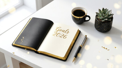 Open notebook with Goals 2026 text on a white desk with coffee and a plant. Elegant New Year resolutions concept with gold details, pen, and festive confetti.
