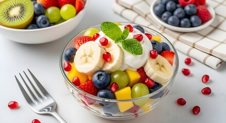 Fresh fruit salad with yogurt and mint in glass bowl