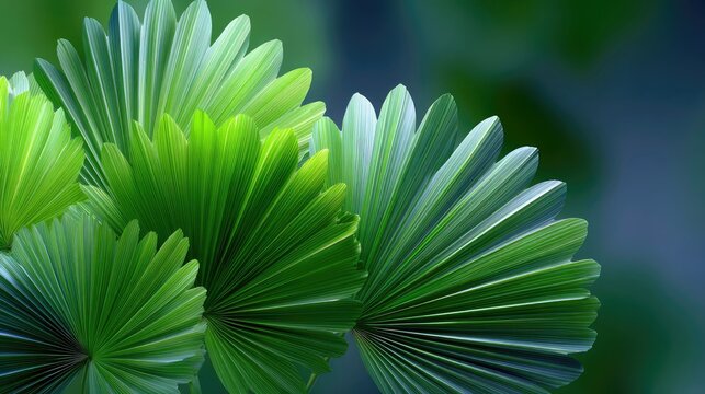 Close-up of vibrant green fan palm leaves with a soft, blurred background.