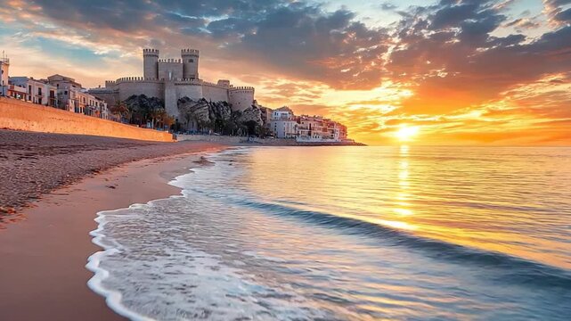 peniscola castle at sunset spain zoom in video