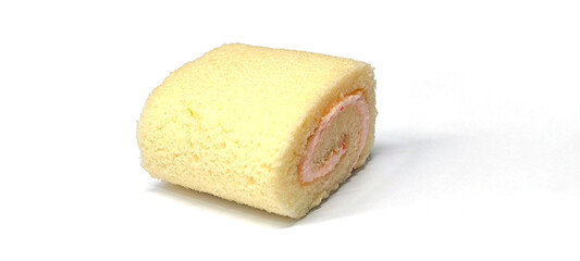 Jam roll with cream filling on white background