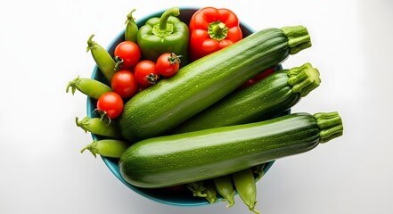 A closeup of fresh zucchini, peas, tomatoes, and bell peppers in a blue bowl