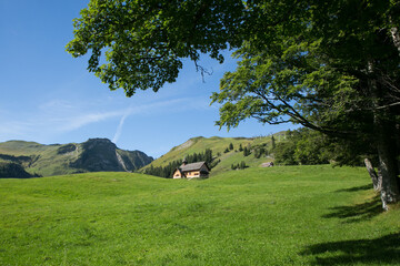 Landscape with an old church in the mountains of Switzerland