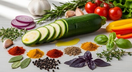 Freshly sliced zucchini with colorful vegetables and spices arranged on a white surface