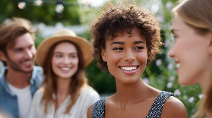 Young happy adults connect and share laughter during a casual outdoor gathering illuminated by decorative string lights fostering a sense of comm and joy