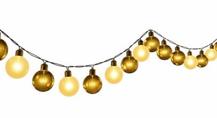 Warm golden string lights with round bulbs glowing softly against a dark black background