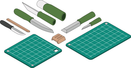 Isometric illustration of craft knives and cutting mats, detailed carving tools, utility blades, woodworking knives, and hobby cutting equipment