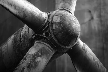 Gritty, grayscale close-up of a heavily weathered industrial propeller hub. Worn metal textures and peeling paint reveal its powerful, aged machine aesthetic.