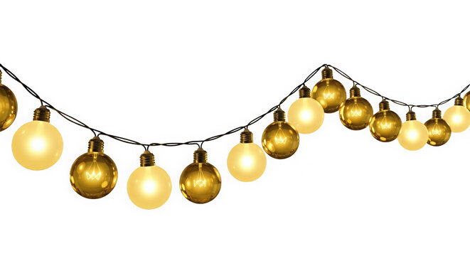 Warm golden string lights with round bulbs glowing softly against a dark black background