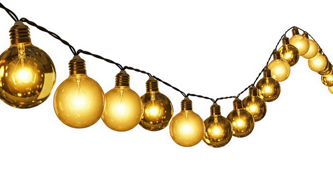 Warm glowing vintage edison style light bulbs strung on a dark background creating a festive atmosphere - Powered by Adobe