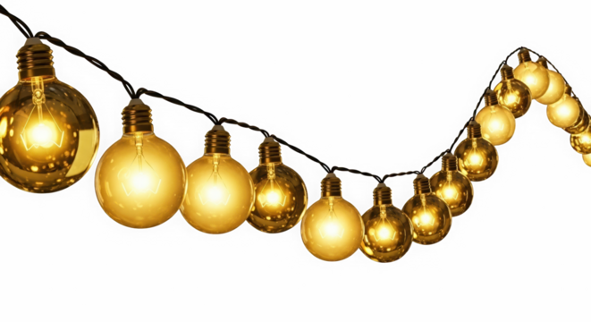 Warm glowing vintage edison style light bulbs strung on a dark background creating a festive atmosphere