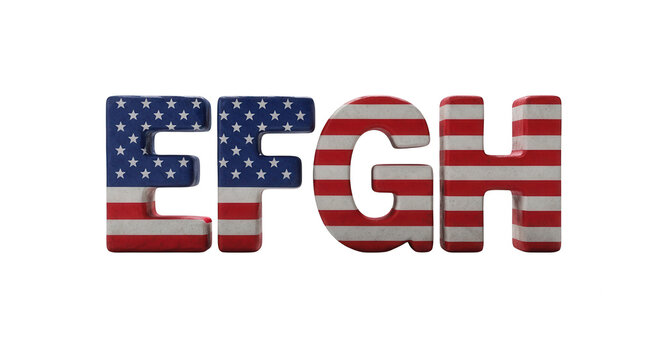 American flag textured alphabet letters efgh, a symbolic patriotic 3d render.