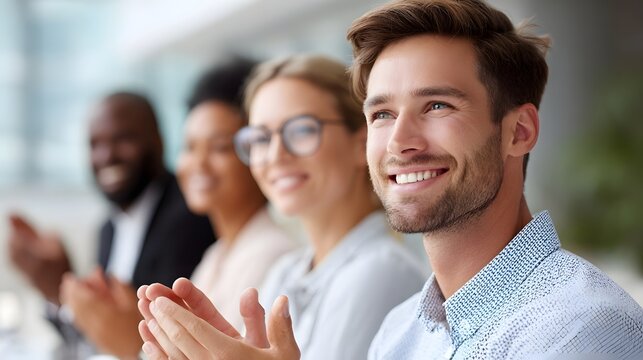 A happy diverse team of professionals in a business setting seen from the side clapping with smiles showing appreciation and recognition for a successful event or achievement - Powered by Adobe