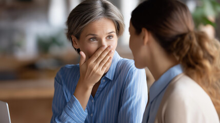 Two individuals in tense scene as one shares upsetting information faceless women defocused background frustrating news moment emotional interaction visualization difficult