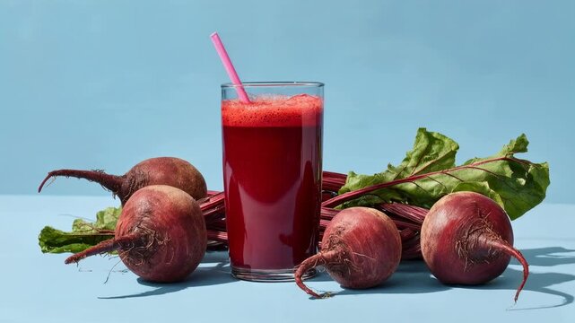 A glass of deep red beet juice stands beside fresh beetroots on a bright background symbolizing detox energy vitamins natural nutrition and healthy lifestyle choices inspiring wellness recipes and mod