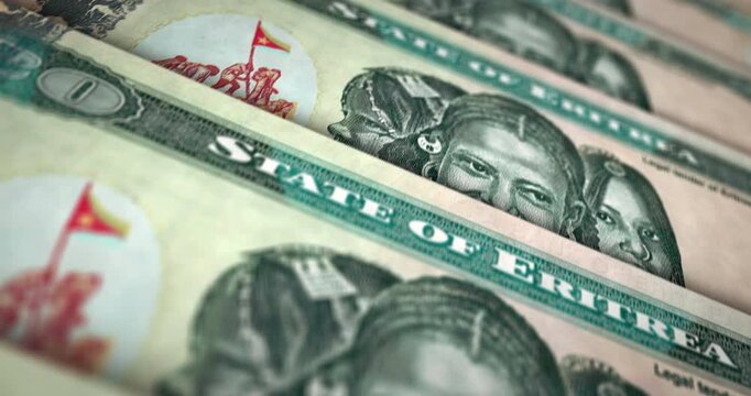 Eritrea Nakfa Eritrean money banknote loop. 20 ERN money texture. Concept of economy, business, crisis, banking, recession, debt and finance. Moving over note loopable seamless 3d.